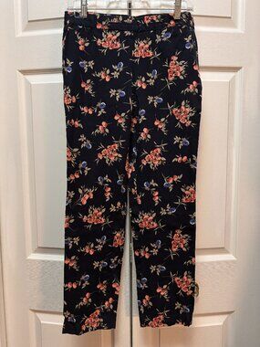 J Jill Precision Stretch Floral Ankle Pants Size 4 Navy Pull On Slim Leg